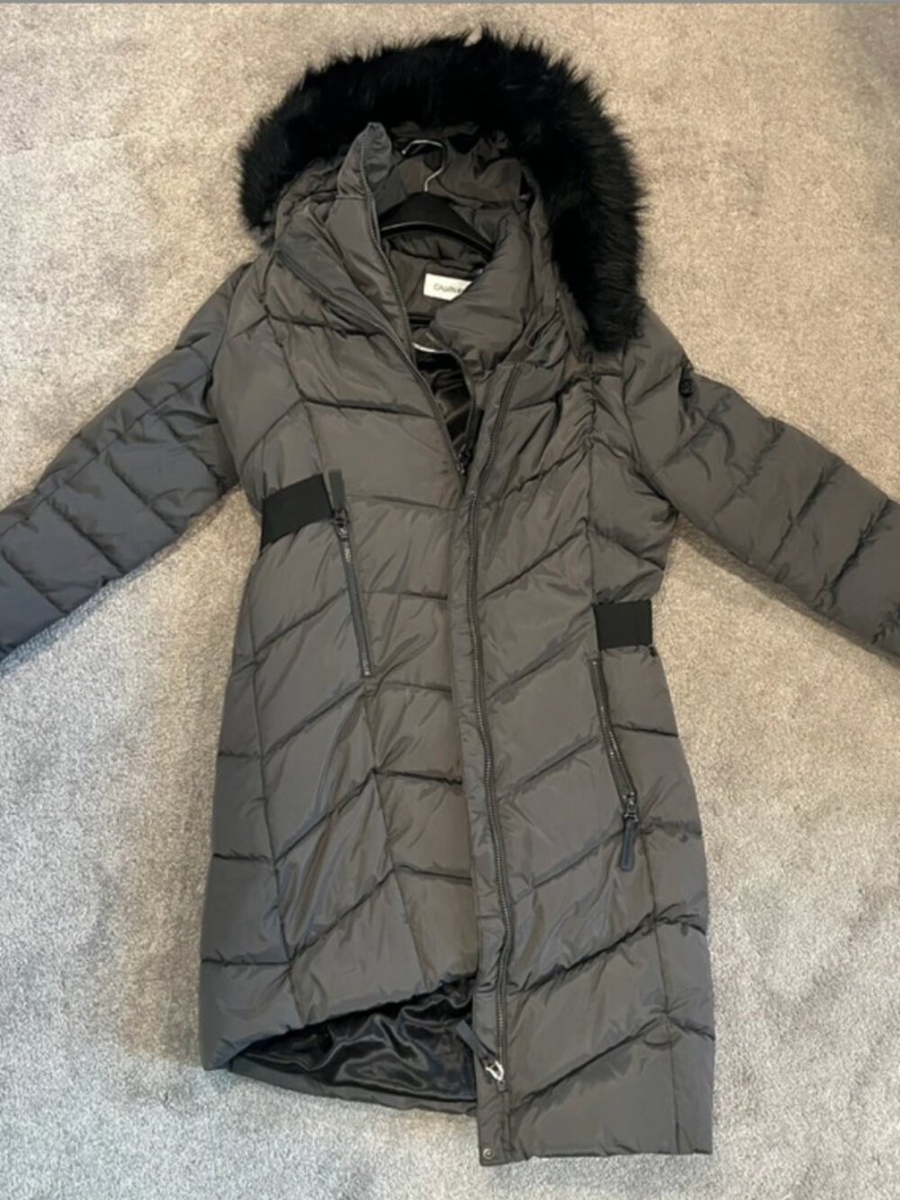 Calvin Klein Long Puffer Coat with Faux Fur Hood, Size M